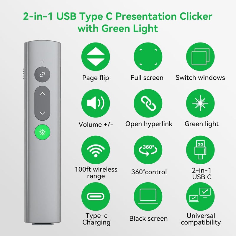 PPTSLID Presentation Clickers for PowerPoint Presentations, [Aluminum Alloy] + [2 in 1 USB C/A] PowerPoint Clicker with Laser Pointer Wireless Presenter PPT Slide Remote Control Clicker for Mac, Computer - Image 2